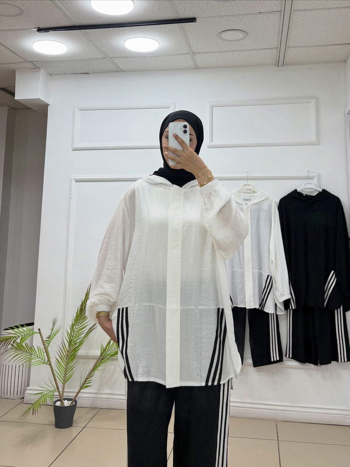Kapşonlu Çizgili İkili Pantolon Takım | Bambu Kumaş - Cadde Butik