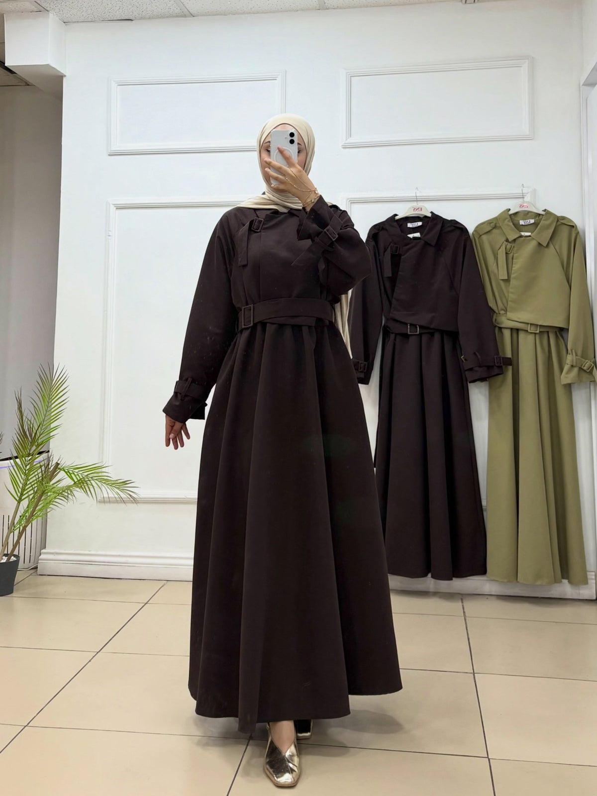 Trenç Elbise | Keten Kumaş Kemerli Elbise - Cadde Butik