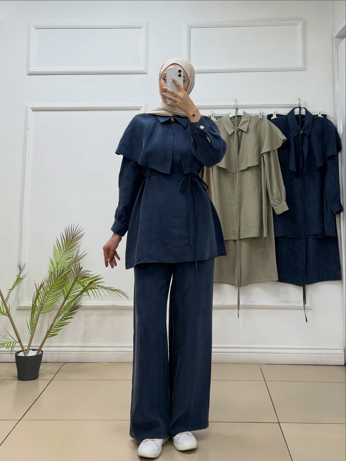 Tensel Kumaş Yaka Dökümlü İp Kuşaklı Pantolon Takım - Cadde Butik