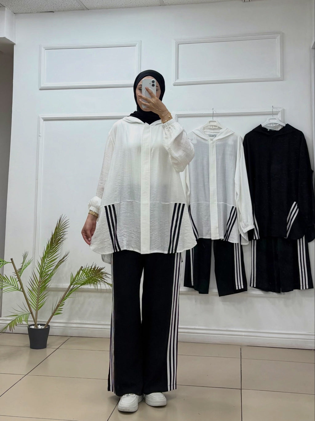 Kapşonlu Çizgili İkili Pantolon Takım | Bambu Kumaş - Cadde Butik