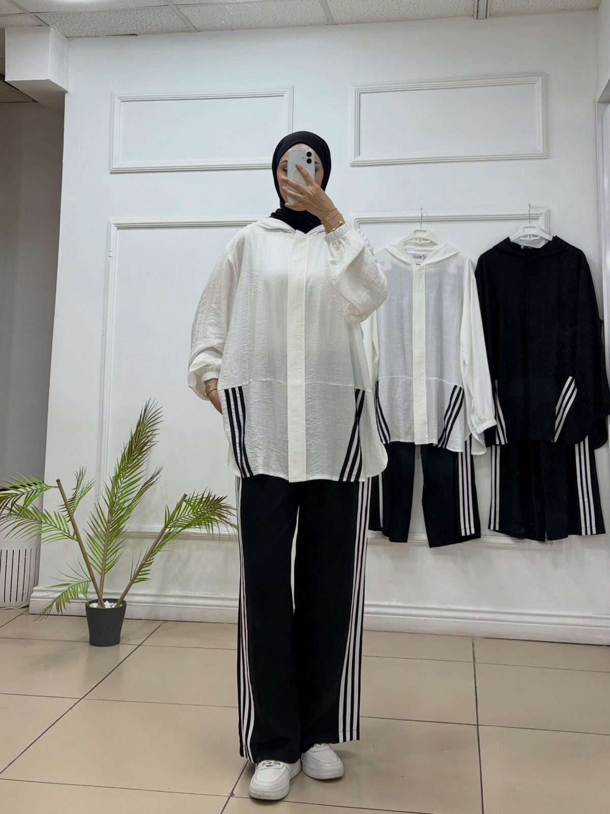 Kapşonlu Çizgili İkili Pantolon Takım | Bambu Kumaş - Cadde Butik
