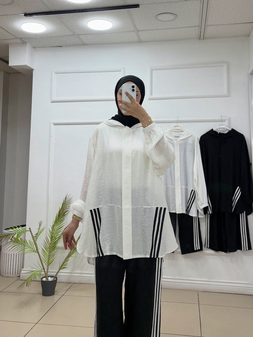 Kapşonlu Çizgili İkili Pantolon Takım | Bambu Kumaş - Cadde Butik