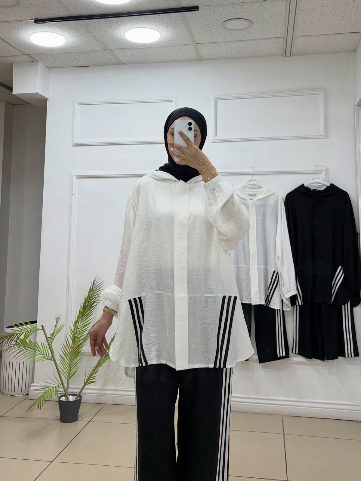 Kapşonlu Çizgili İkili Pantolon Takım | Bambu Kumaş - Cadde Butik