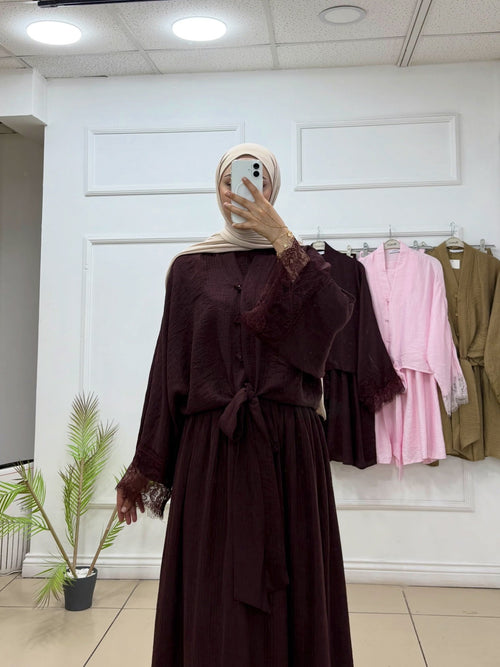 Etekli Takım | Altı Bağlamalı Kol Ucu Dantel Detaylı Gömlek - Cadde Butik