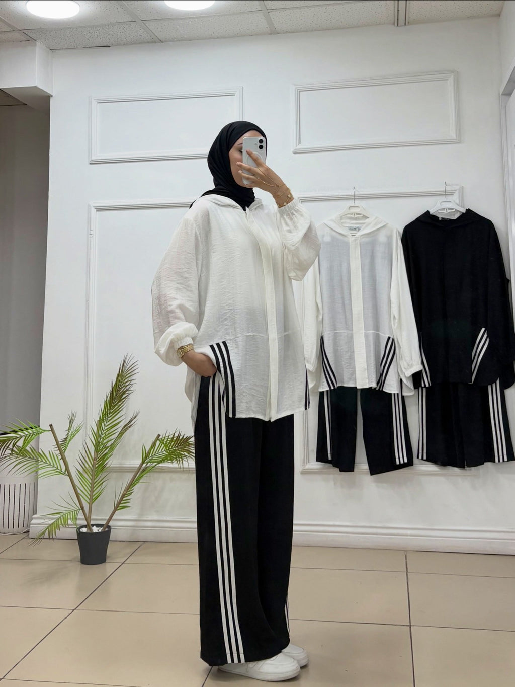 Kapşonlu Çizgili İkili Pantolon Takım | Bambu Kumaş - Cadde Butik
