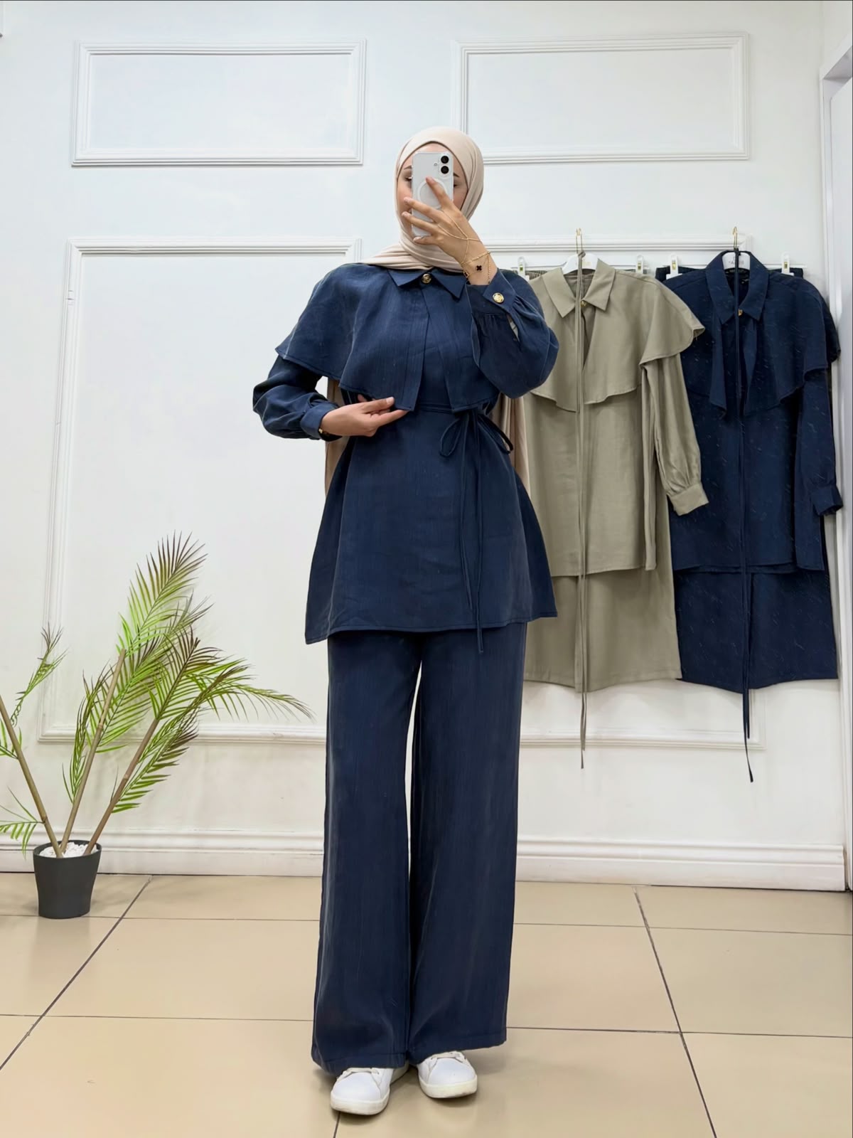 Tensel Kumaş Yaka Dökümlü İp Kuşaklı Pantolon Takım - Cadde Butik